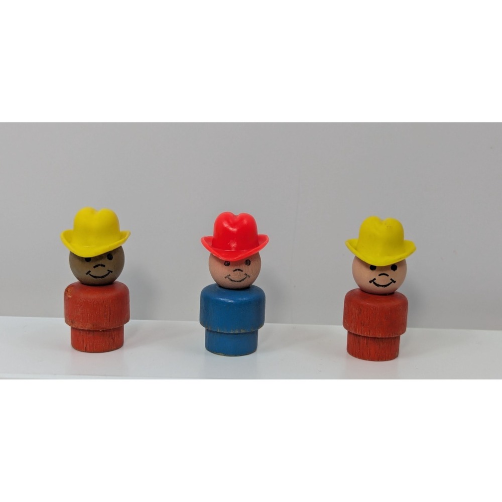 Fisher-Price Little People vintage farmer boys lot 3 wooden blue red yellow AA